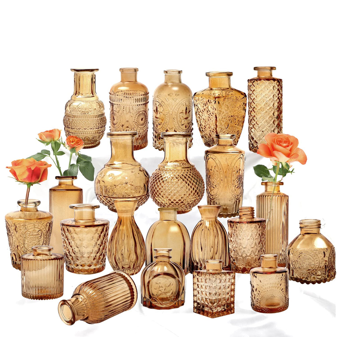 Bernsteinglas Knospen Vase 22 Stück, kleine Vasen für Blumen, klare Glasvasen für Tafelaufsätze, Taf