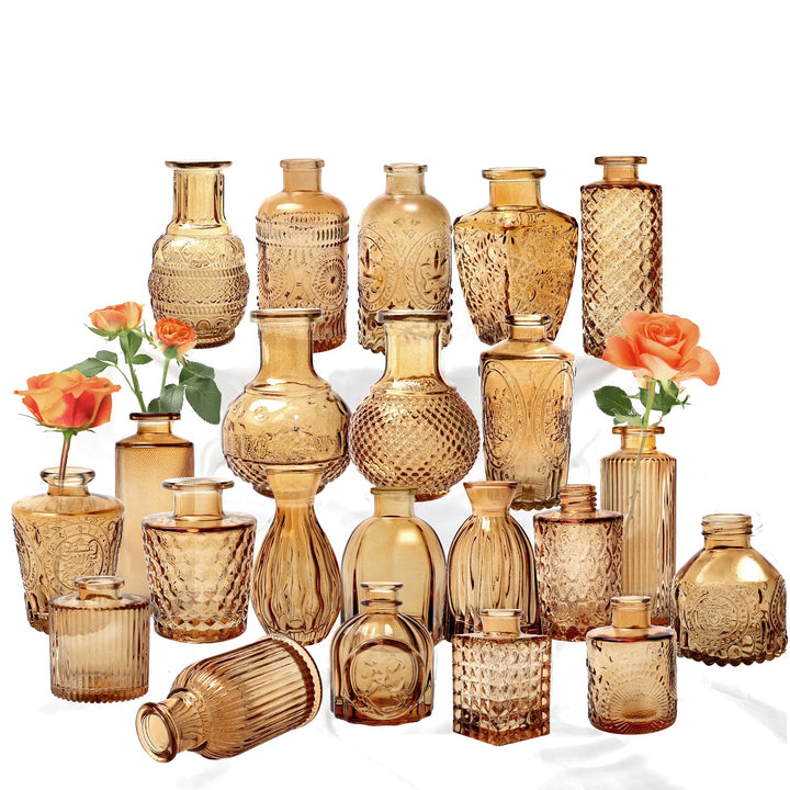 Bernsteinglas Knospen Vase 22 Stück, kleine Vasen für Blumen, klare Glasvasen für Tafelaufsätze, Taf