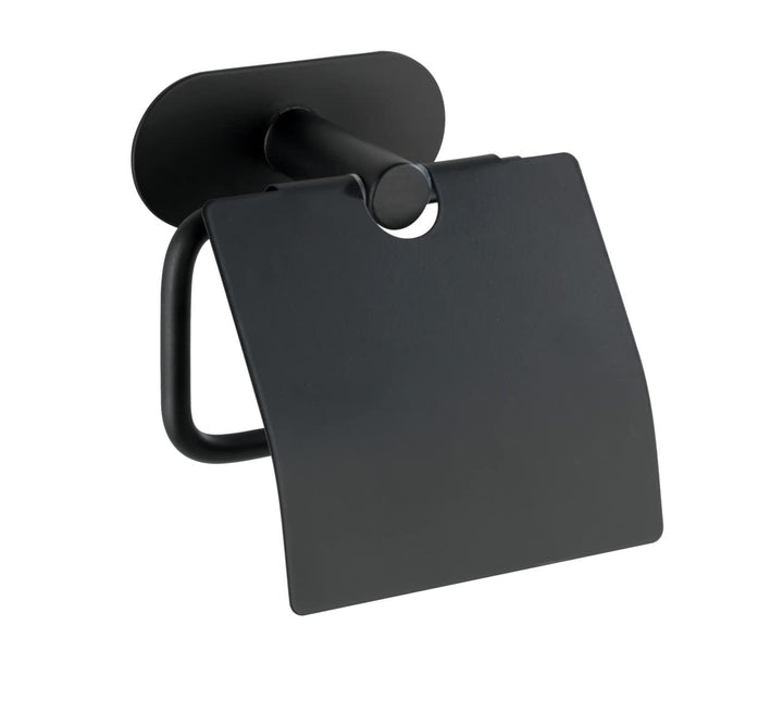 WENKO Turbo-Loc Toilettenpapierhalter mit Deckel Orea Black Matt, Befestigen ohne bohren, Papierroll