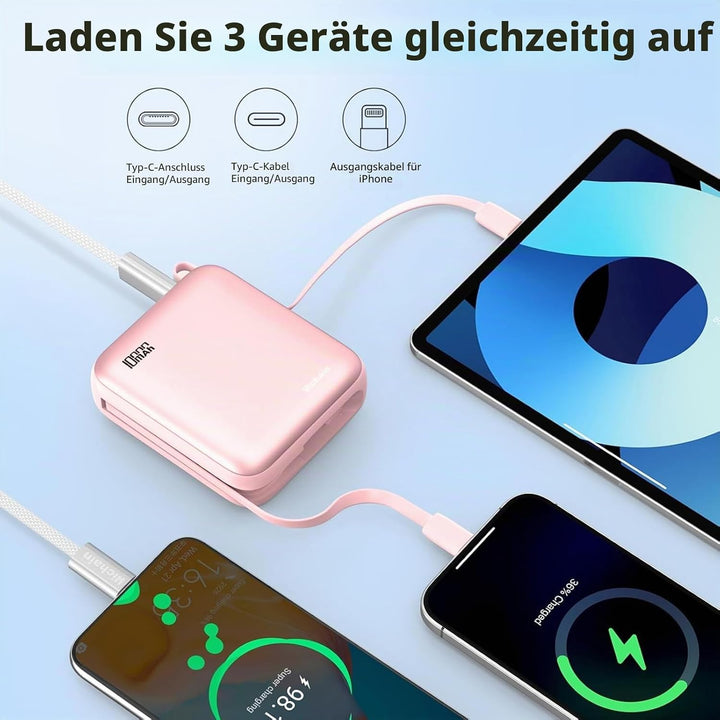 Hichain Power Bank Klein, 10000mAh 22,5W Powerbank USB C Schnellladen mit Integriertem USB-C Kabel,