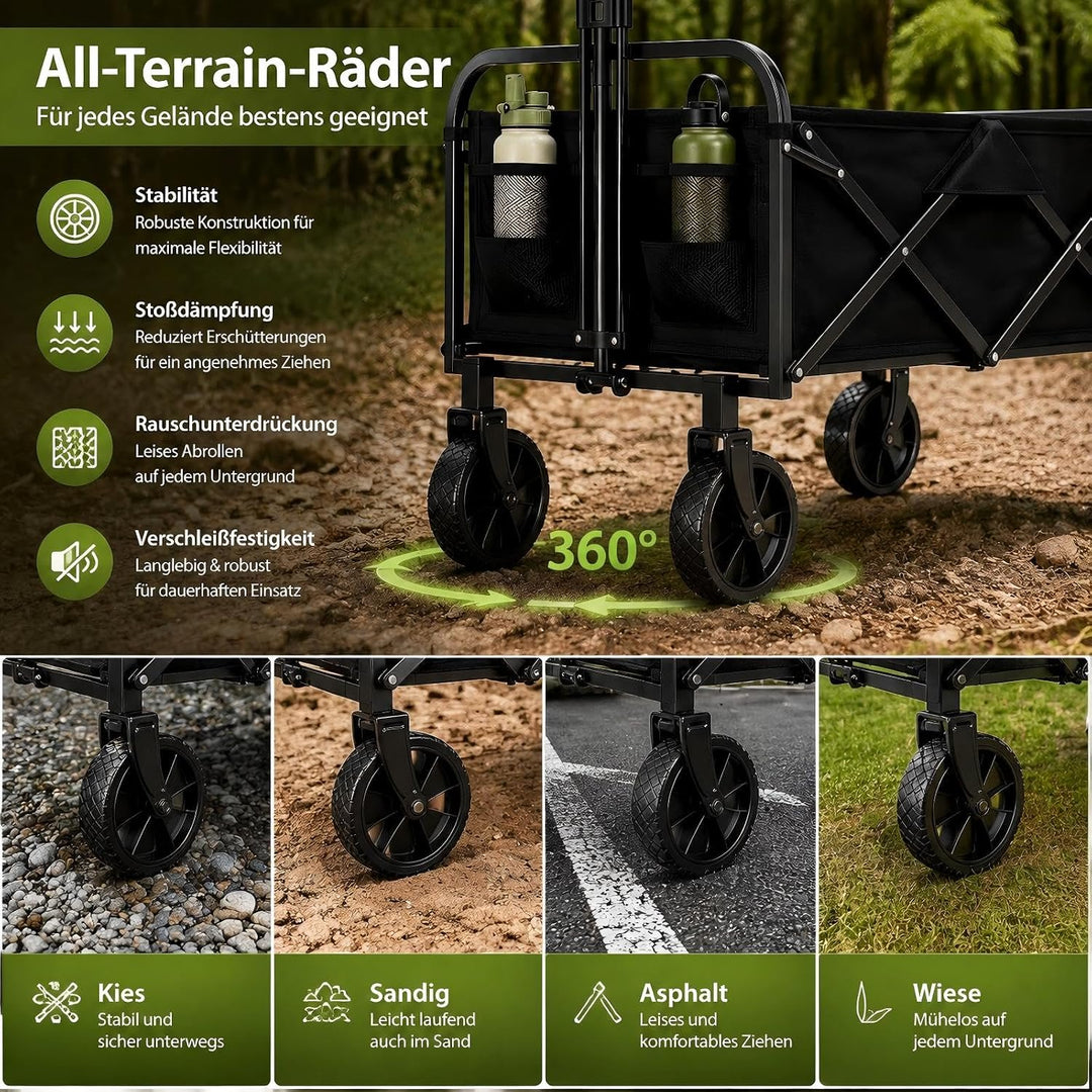 Zstar Bollerwagen Faltbar 220L mit 180 kg Tragkraft | 73 × 46,5 × 89,5 cm, 360° Räder, verstellbarer