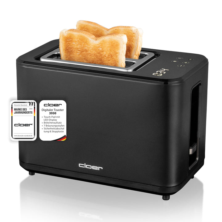 Cloer 3930 Digitaler Toaster für 2 Scheiben, Touch-Funktion, 750-900 W, Restzeitanzeige, Auftaufunkt