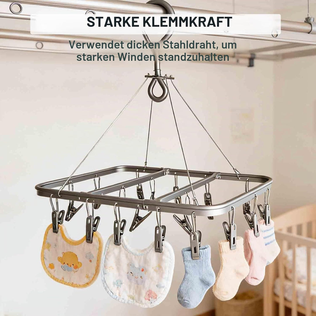 Wäscheständer mit 16 Clips, Faltbarer Sockentrockner aus Aluminium, 360° Drehbarer Hängender Wäsches