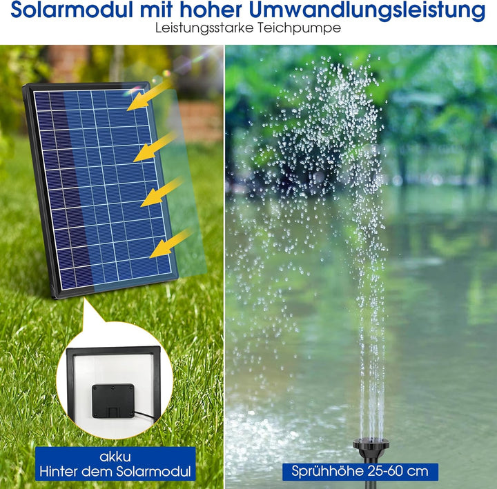 Biling Solar Brunnenpumpen 6W 3000 mAh Batterie, Solar-Teichpumpe, Solar Wasserpumpe Springbrunnen,