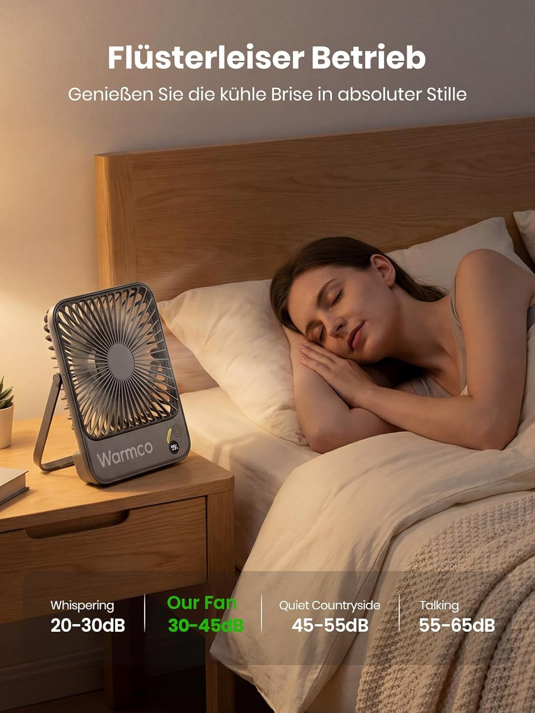 Warmco 10000mAh Tragbarer Akku Ventilator, 21cm Personal Tischventilatoren, Ultra-Leise Ultraflach m