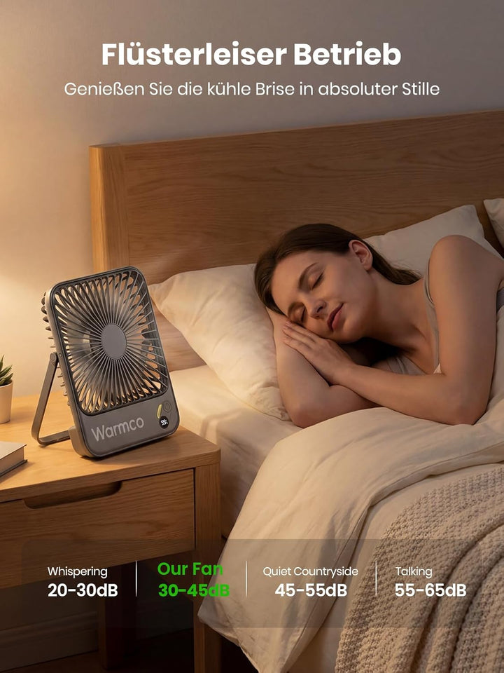 Warmco 10000mAh Tragbarer Akku Ventilator, 21cm Personal Tischventilatoren, Ultra-Leise Ultraflach m