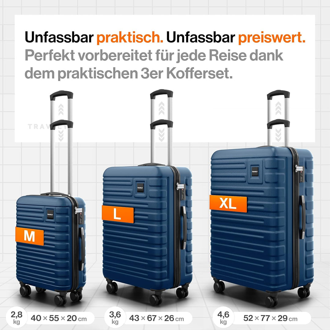 Travely Premium Koffer Set: 28", 24" & Handgepäck Koffer in einem Set. Mehr als 250L Volumen zusamme