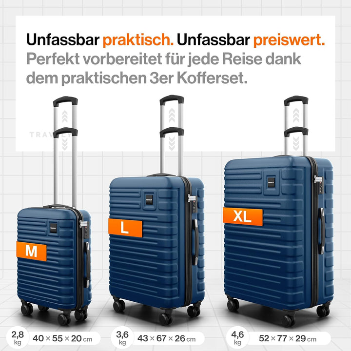Travely Premium Koffer Set: 28", 24" & Handgepäck Koffer in einem Set. Mehr als 250L Volumen zusamme