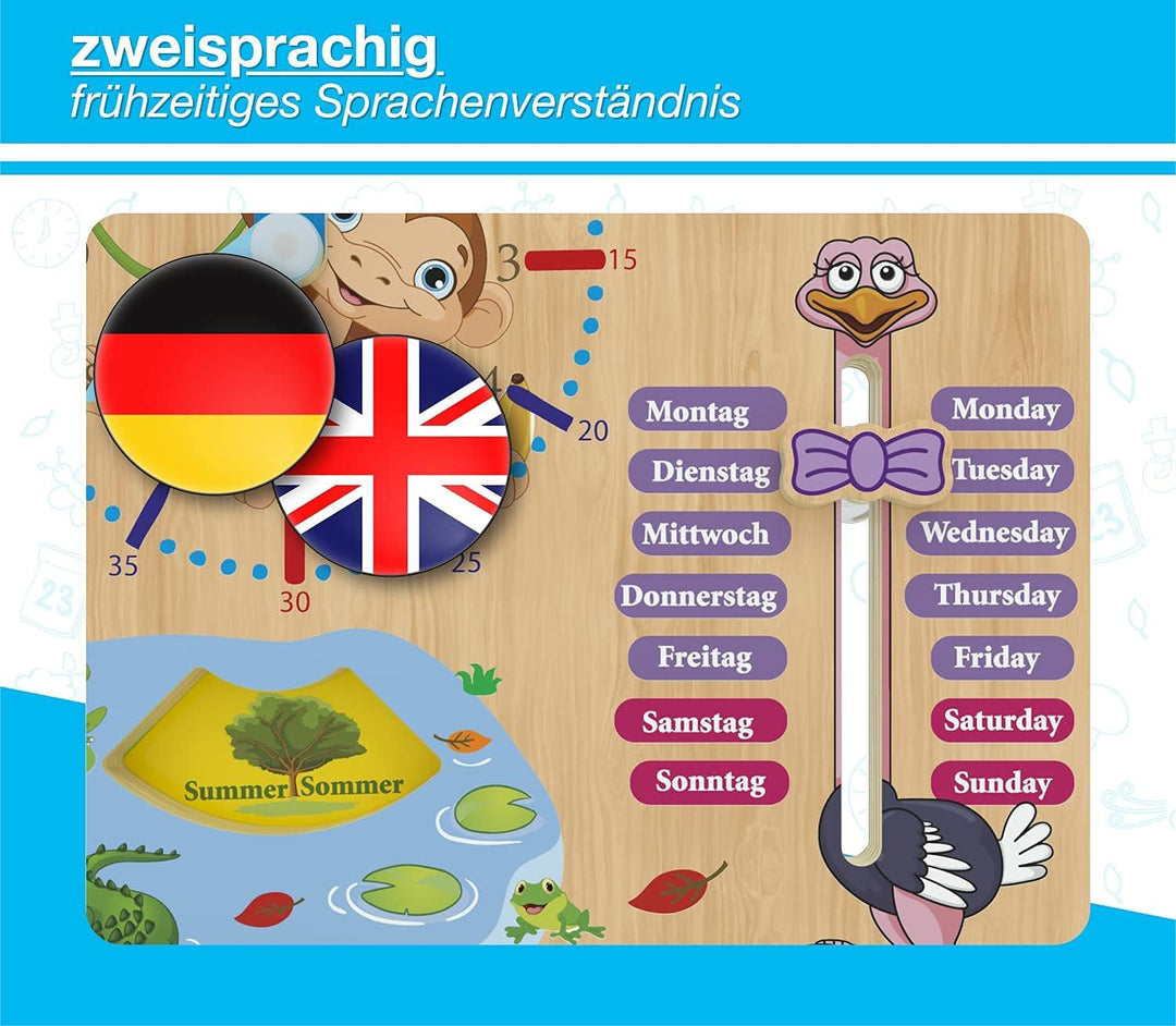 WoodyWood® Kalenderuhr für Kinder - Lernuhr aus Holz, zweisprachig, 30 X 30 cm - Montessori Jahresuh