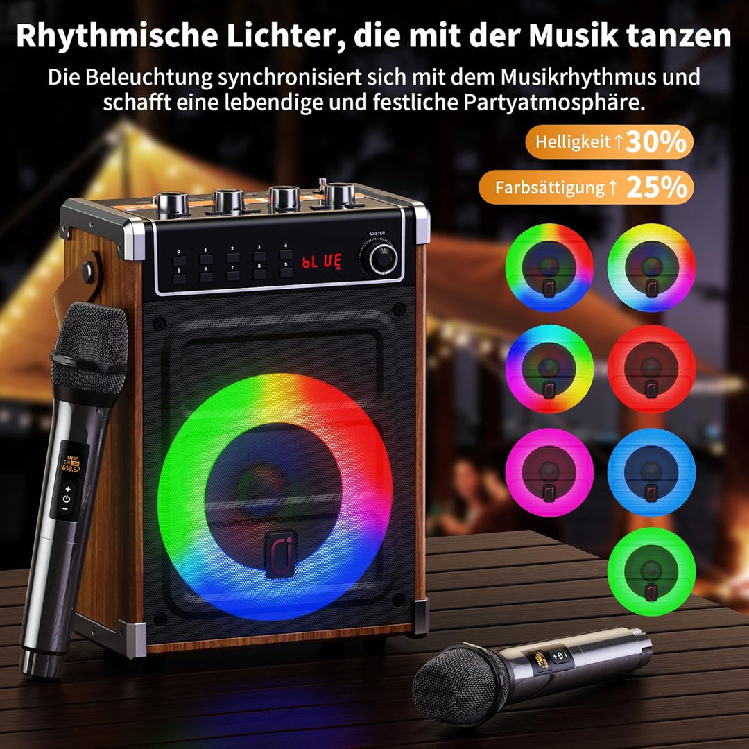 JYX Karaoke Maschine mit 2 UHF-Funkmikrofonen, Bluetooth-Lautsprecher mit Bass-/Höhen-Einstellung un