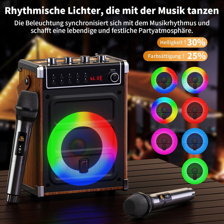 JYX Karaoke Maschine mit 2 UHF-Funkmikrofonen, Bluetooth-Lautsprecher mit Bass-/Höhen-Einstellung un