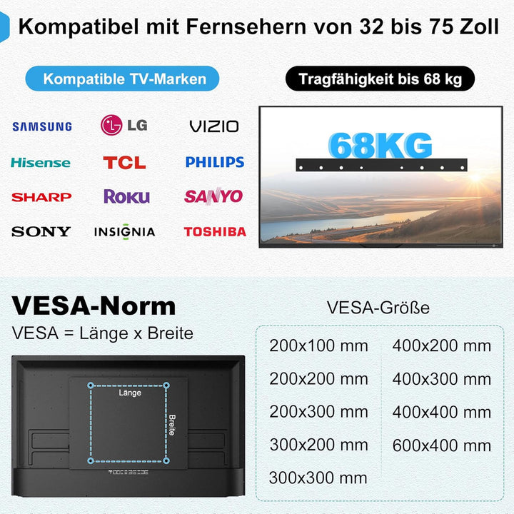 Auoace TV Wandhalterung Fernseher für 32-75 Zoll, bis zu 68kg, TV Halterung für Gipskartonwände und