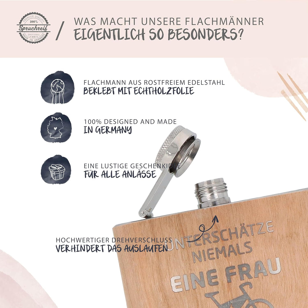 Spruchreif | Gravierter Edelstahl Flachmann | Holz Flachmann mit Gravur E-Bike | Outdoor Geschenk |