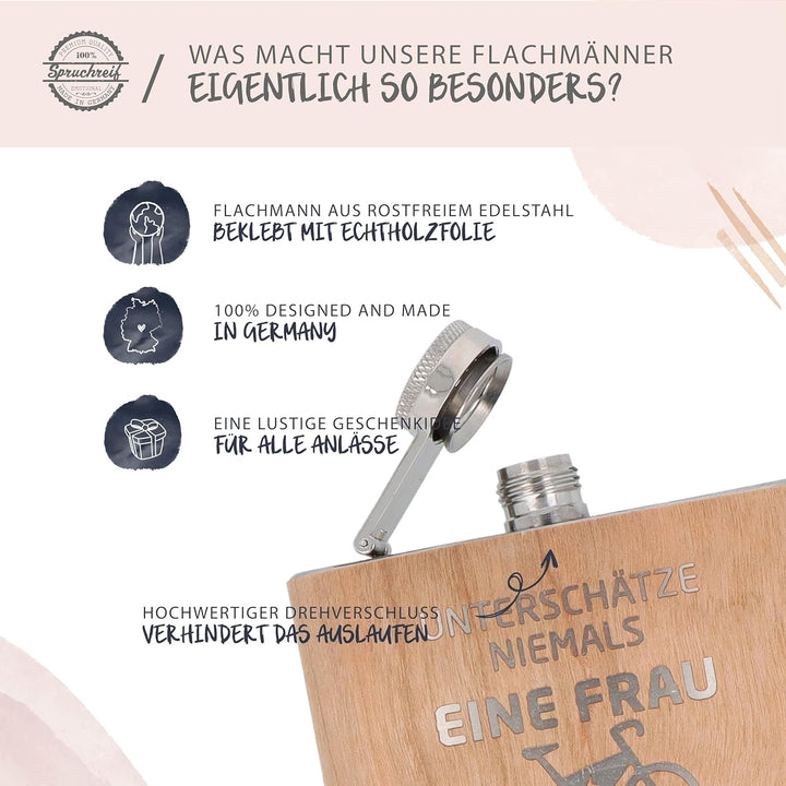 Spruchreif | Gravierter Edelstahl Flachmann | Holz Flachmann mit Gravur E-Bike | Outdoor Geschenk |