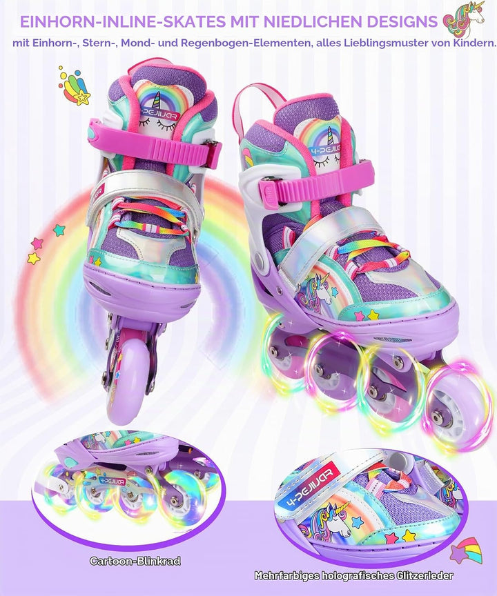 Einhorn Inliner für Mädchen Kinder Grössen Verstellbar Regenbogen Inline Skates für Anfänger Teenage