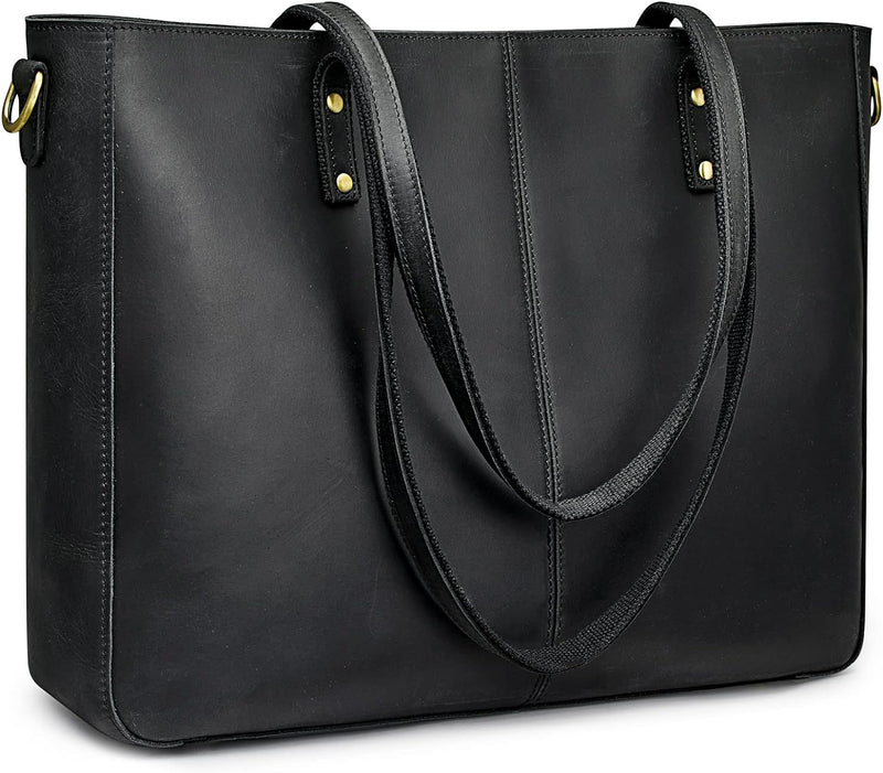 S-ZONE Damen Umhängetasche Echtleder Schultertasche Grosse Handtasche Arbeitstasche Schwarz-l, Schwa