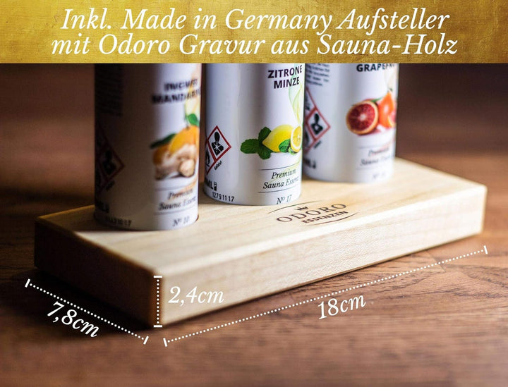 Saunaaufguss Duft Set inkl. Holzständer - 100% ätherische Öle – Fichtennadel, Kiefernadel, Zirbelkie