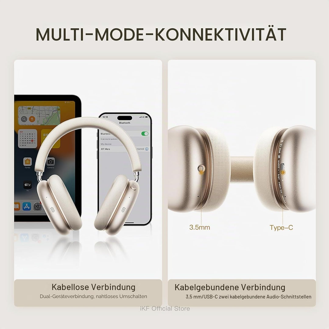 iKF Mars Kabellose Over-Ear Kopfhörer, Adaptiver ANC, Raumklang, Hires | 140H Spielzeit, 30ms Gering