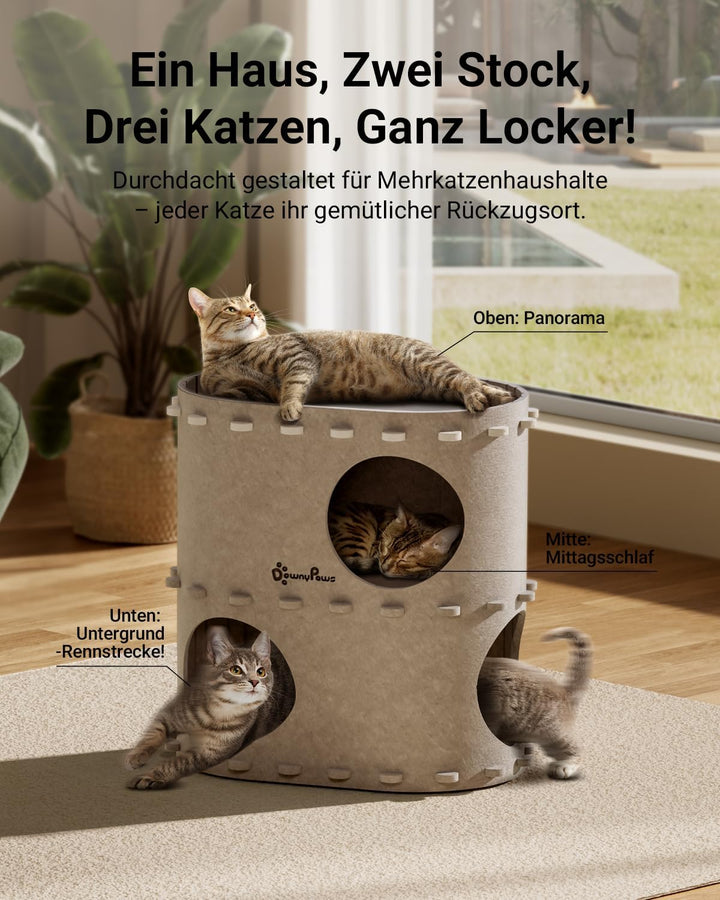 DownyPaws Katzenhöhle aus Filz, 2-stöckige Katzenbett, 50 x 33 x 50 cm Schloss Katzenhaus zum Spiele