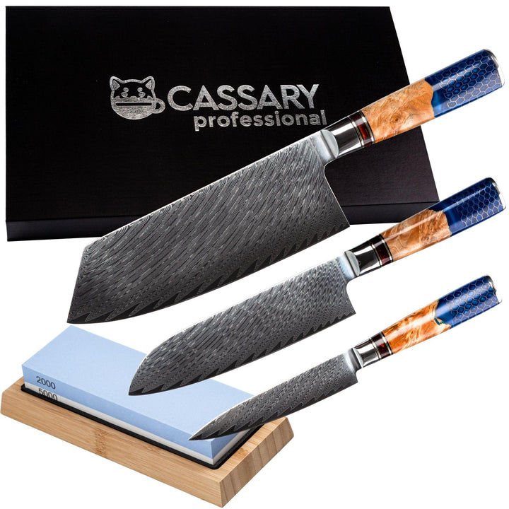 Damastmesser set mit wetzstein für messer. Japanisches messer set und professioneller schleifstein m