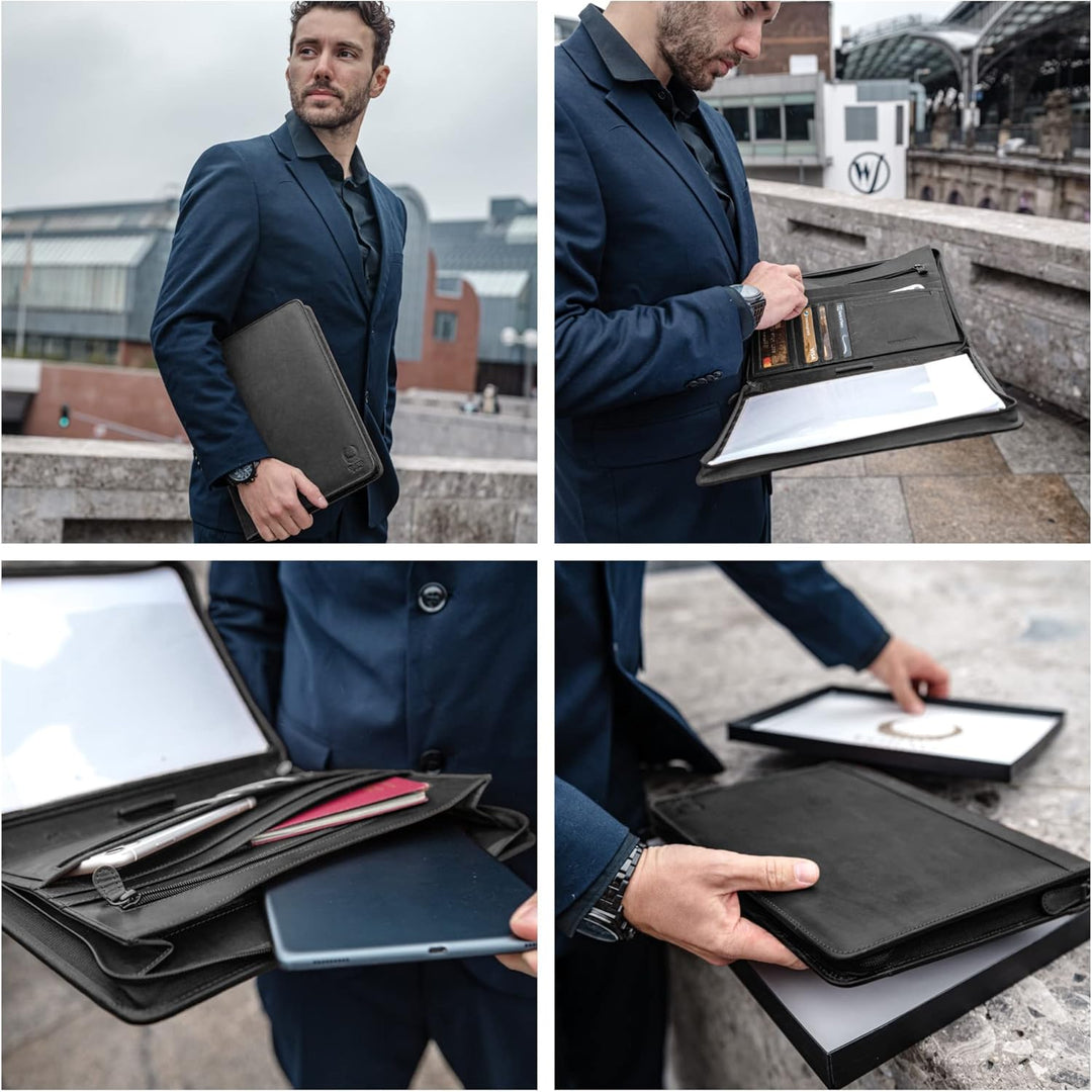 Corno d´Oro Schreibmappe A4 12 Zoll Fach für iPad Tablet I RFID Konferenzmappe Leder mit Reissversch