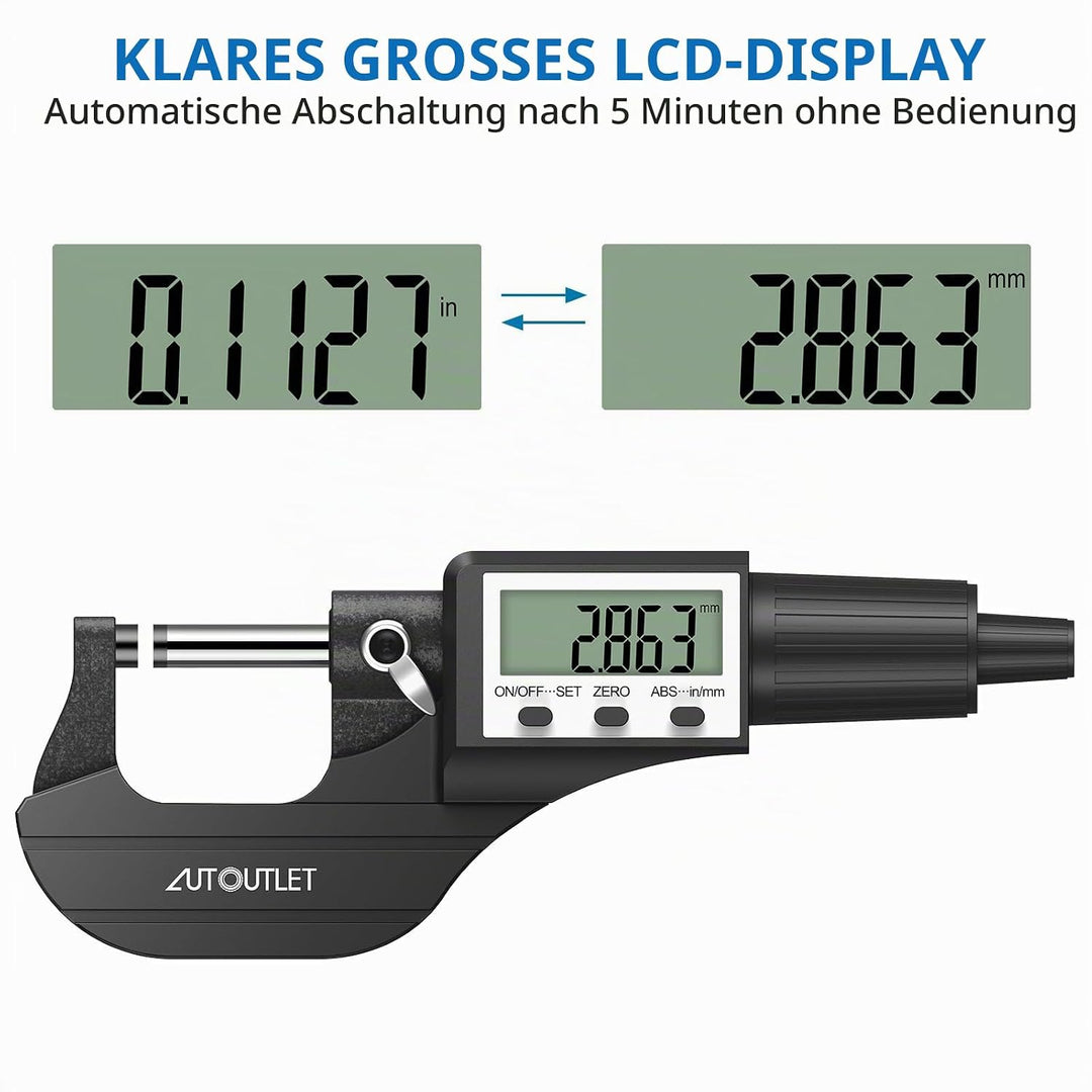 AUTOUTLET Micrometer Digitale Bügelmessschraube 0-25mm/ 0.001mm, Hohe Präzision LCD Digitale Mikrome