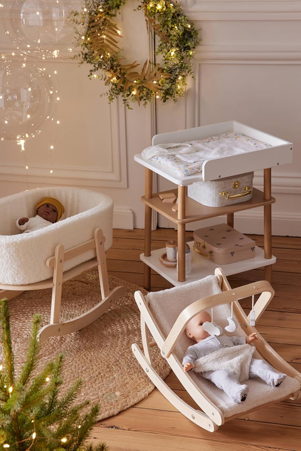 Vertbaudet Puppen-Wippe MINI Cocoon aus Holz FSC® Natur/wollweiss Teddyfleece