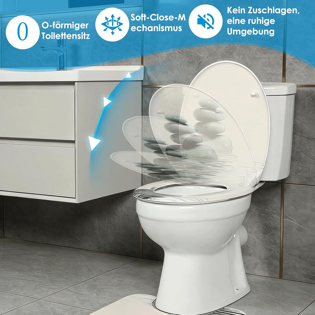 Duroplast-Toilettensitz, O-förmiger Toilettendeckel mit Soft-Close-Mechanismus, Edelstahlscharnier,