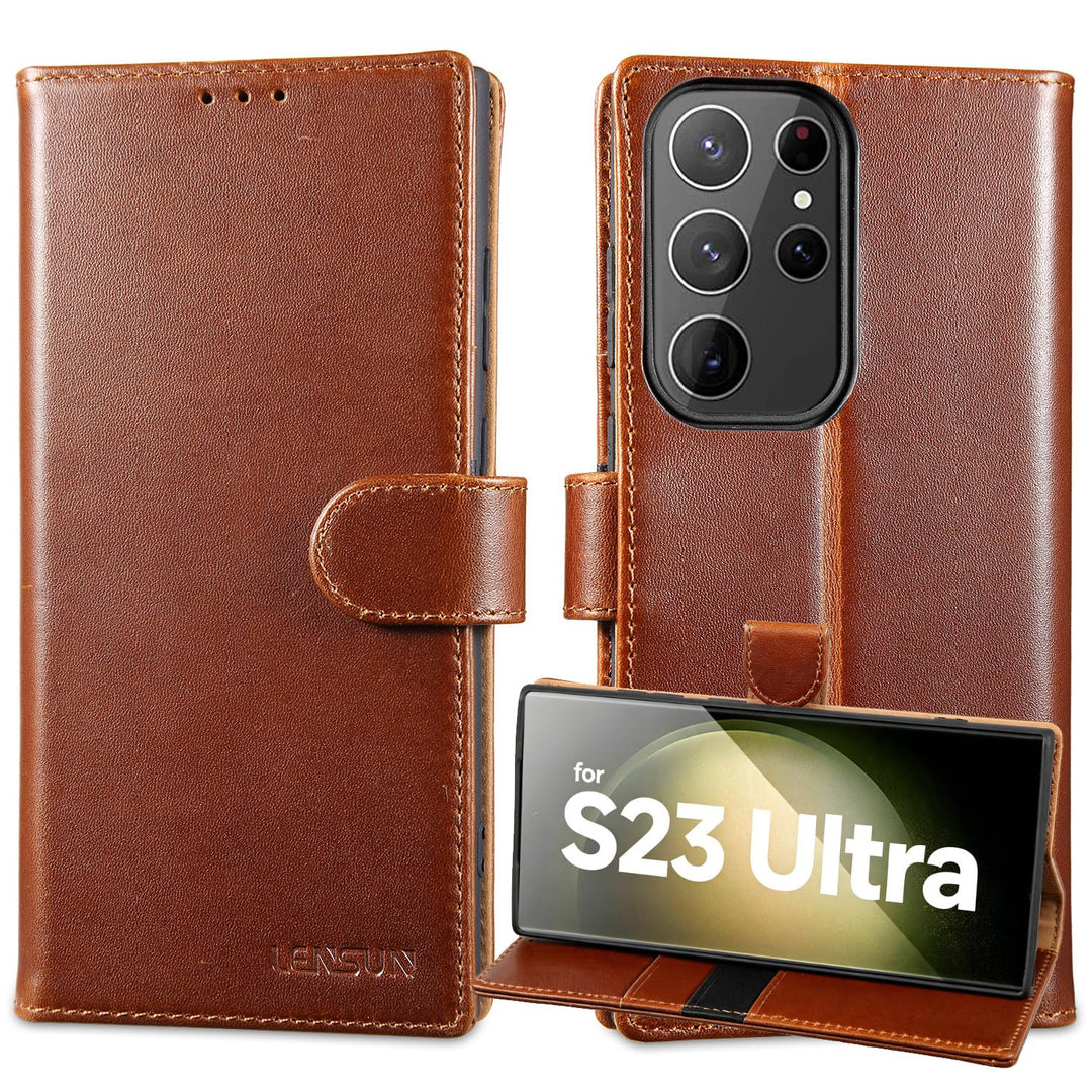 LENSUN Lederhülle für Samsung Galaxy S23 Ultra, Echtleder Handyhülle [Echtes Leder] [Magnetverschlus