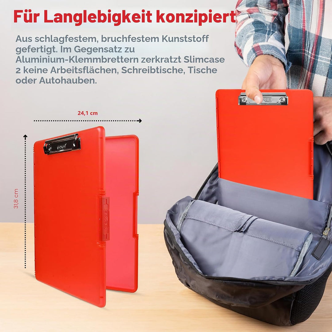 Dexas Slimcase 2 Kunststoff-Klemmbrett mit Aufbewahrung und Seitenöffnung, Erdbeerrot, Bürobedarf-Kl