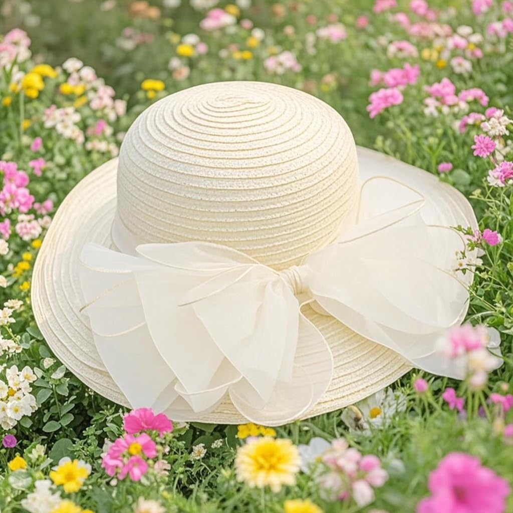 Naimo Damen Organza Kirche Kentucky Derby Fascinator Hut Elegante Schleife Breite Krempe Brauthut Te