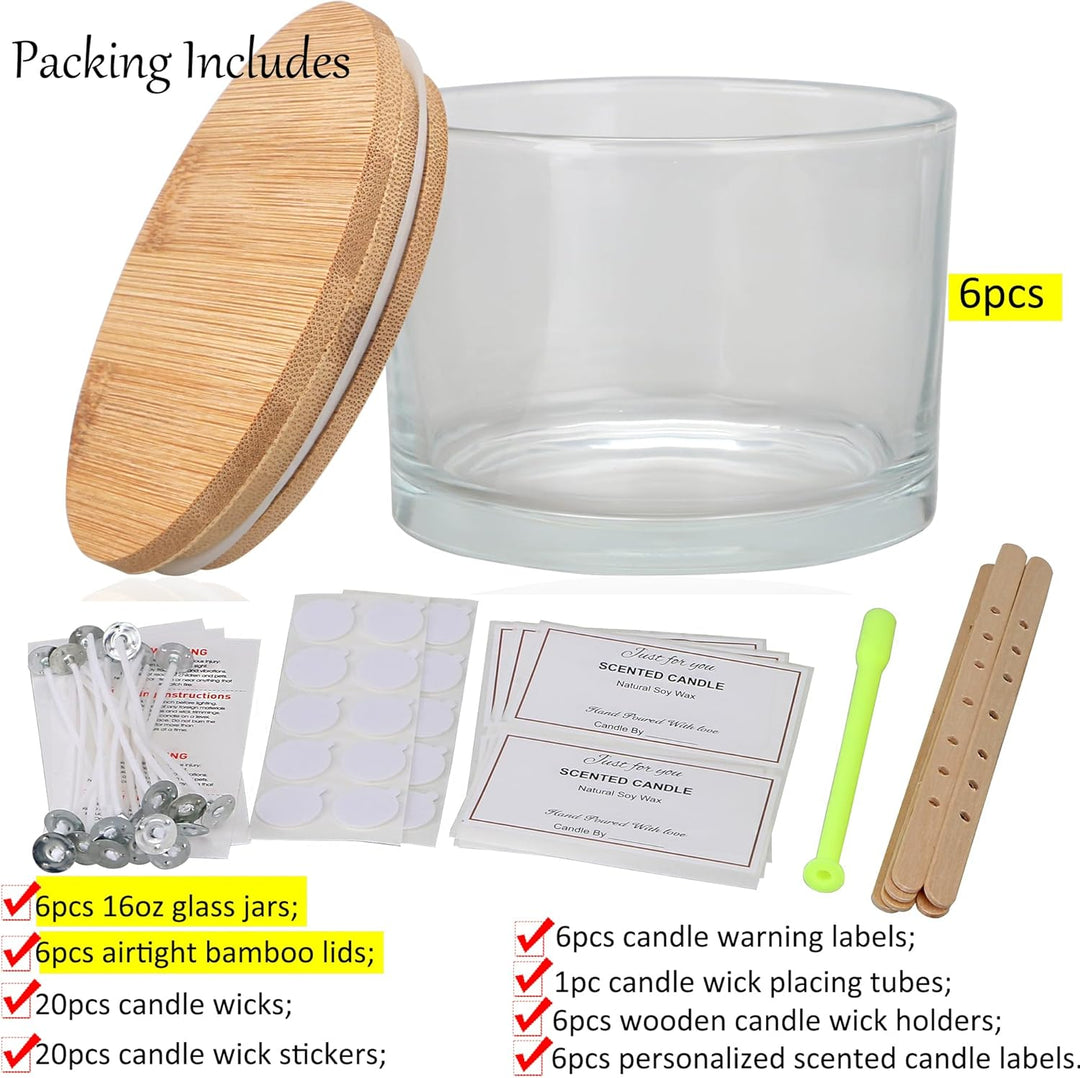 MILIVIXAY 6 x 473 ml Kerzengläser mit Bambusdeckel und Kerzenherstellungs-Kits – 3 Docht-Kerzenglas,
