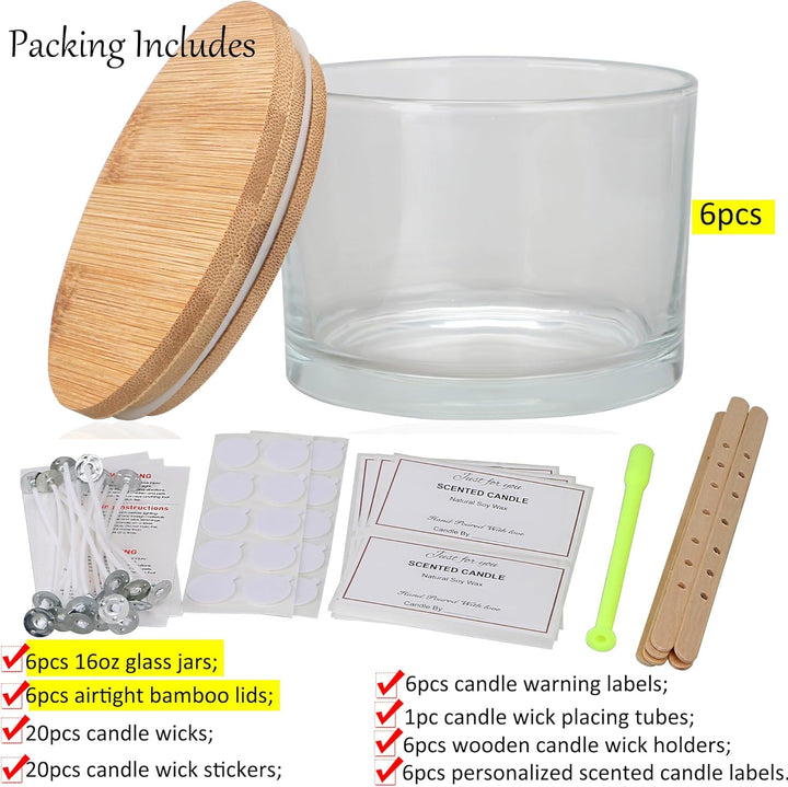 MILIVIXAY 6 x 473 ml Kerzengläser mit Bambusdeckel und Kerzenherstellungs-Kits – 3 Docht-Kerzenglas,