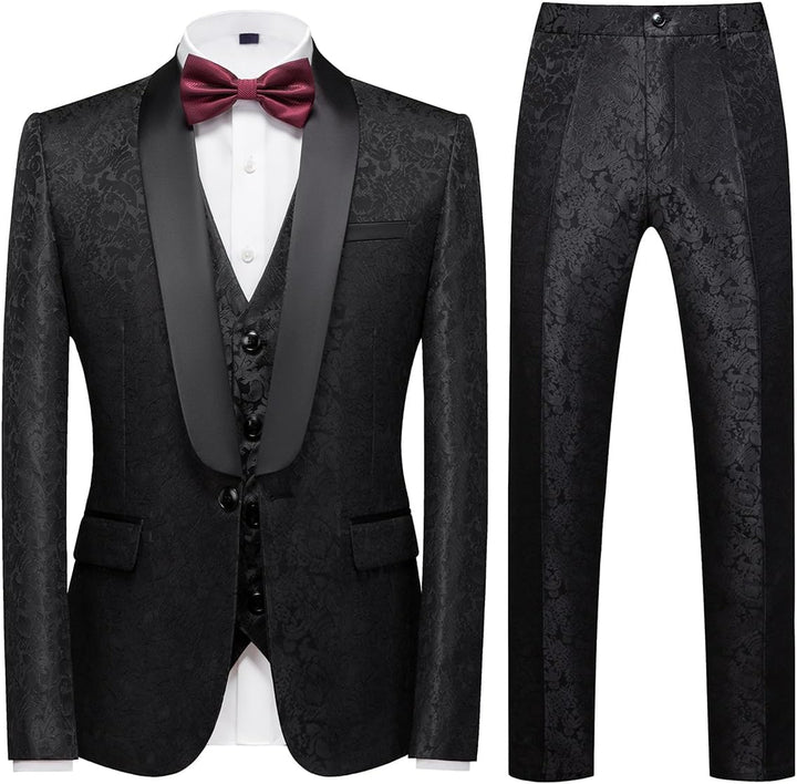 KUDORO Herren Anzüge 3-Teilig Slim Fit Paisley für Hochzeit Party Eine Knöpfe Jacquard Smoking Herre