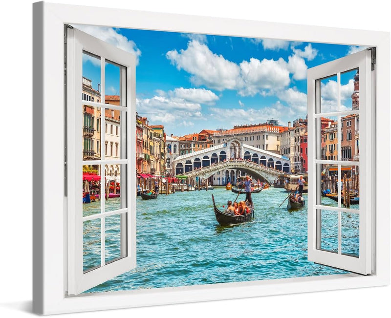 PICANOVA – Leinwandbild 60x40cm Rialtobrücke Venedig Fenster – Leinwanddruck – Wandbild Kunstdruck A