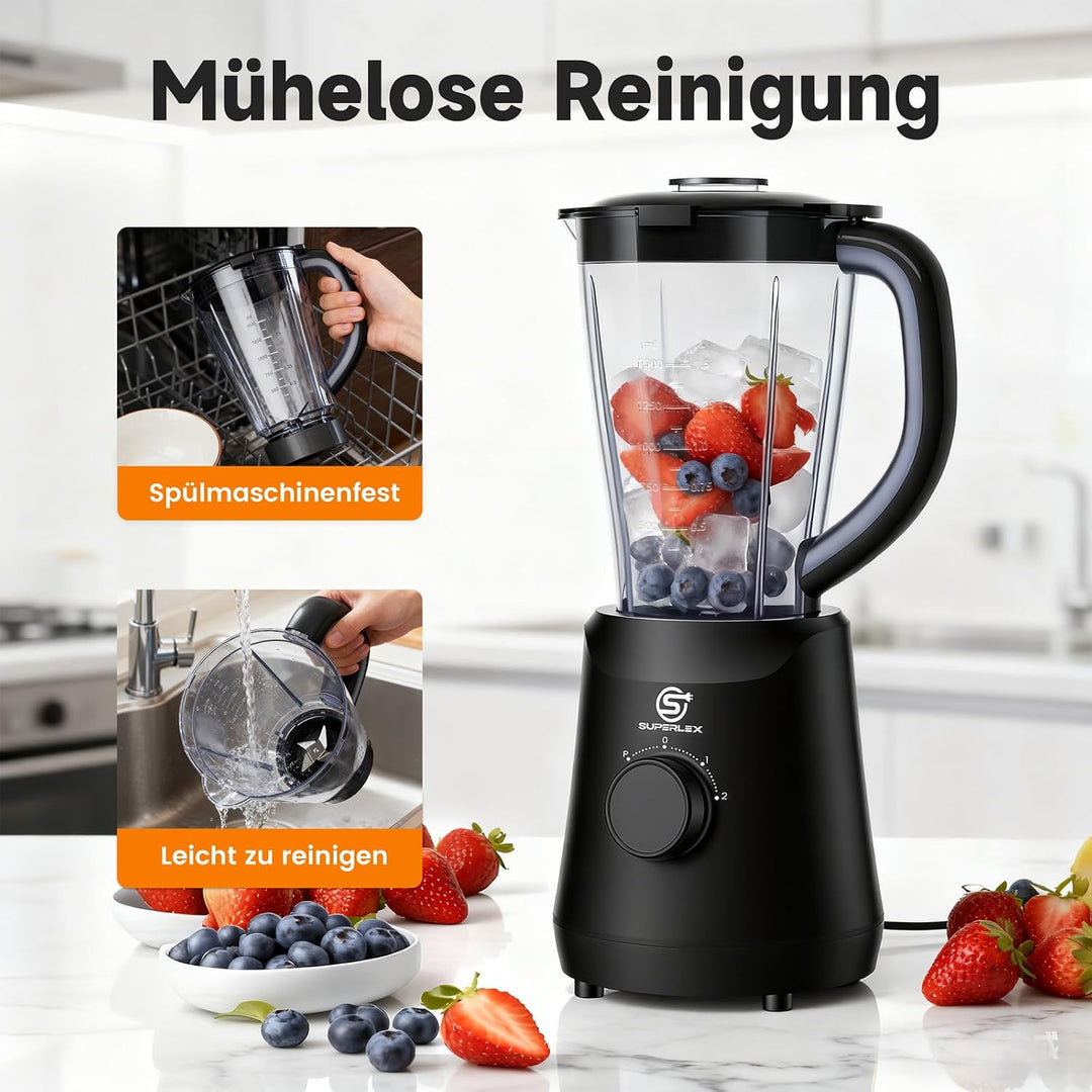 Standmixer 500W Smoothie Maker, 1,5L Mixer mit 2 Geschwindigkeiten | Pulsfunktion, Edelstahlklingen