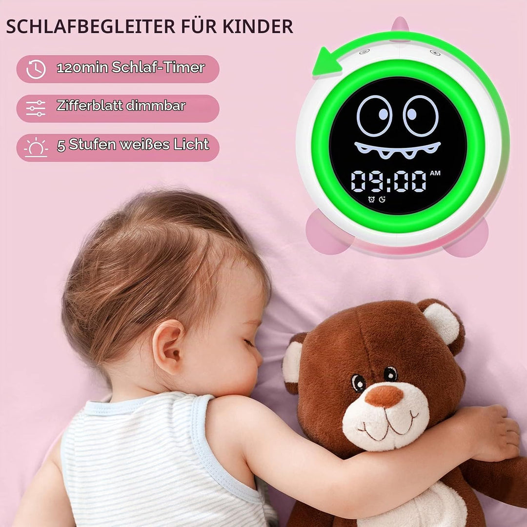DINOTIME Schlaftrainer Kinder, Kinderwecker mit Nachtlicht Soundmaschine Timer für Schulanfänger Mäd