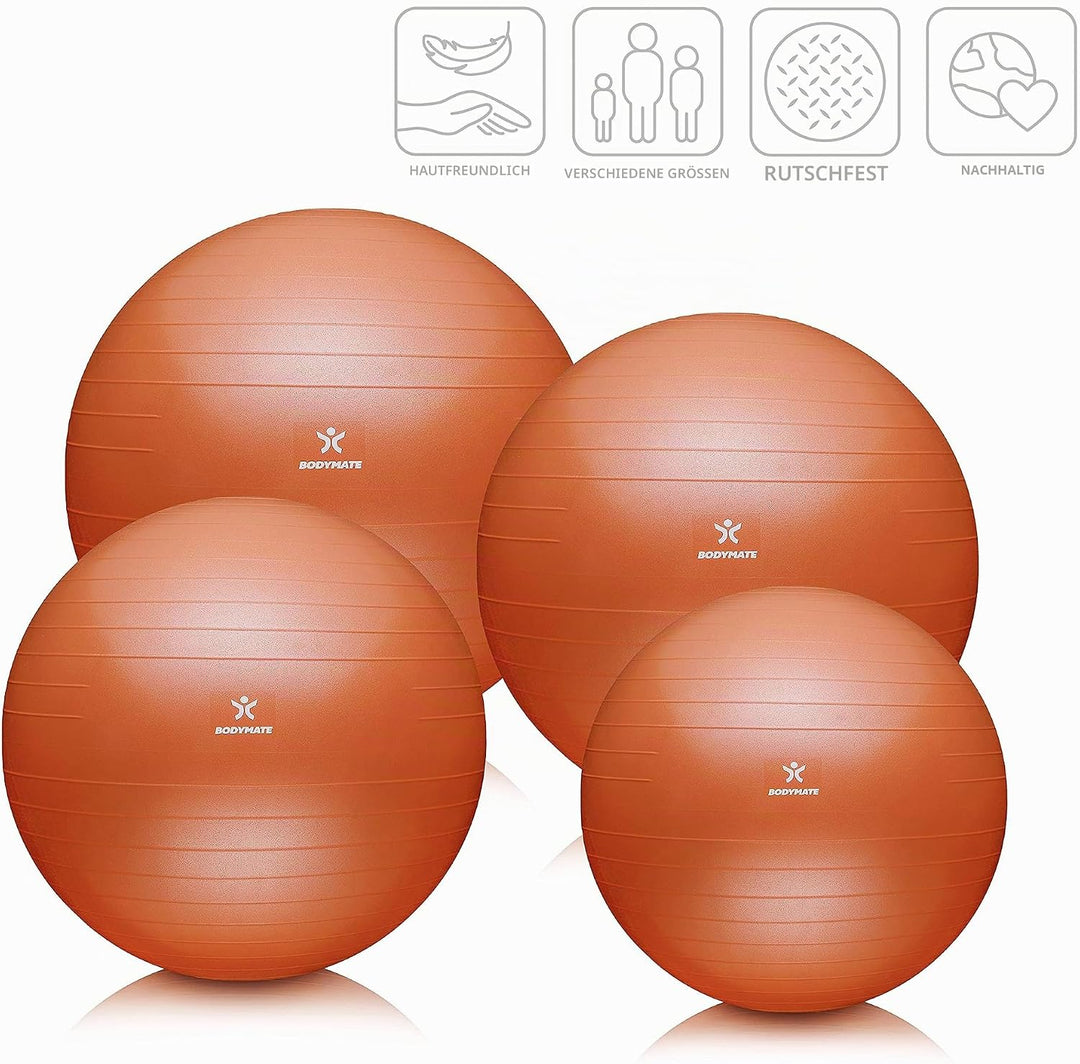 BODYMATE Gymnastikball Sitzball Trainingsball mit GRATIS E-Book inkl. Luft-Pumpe, Ball für Fitness,