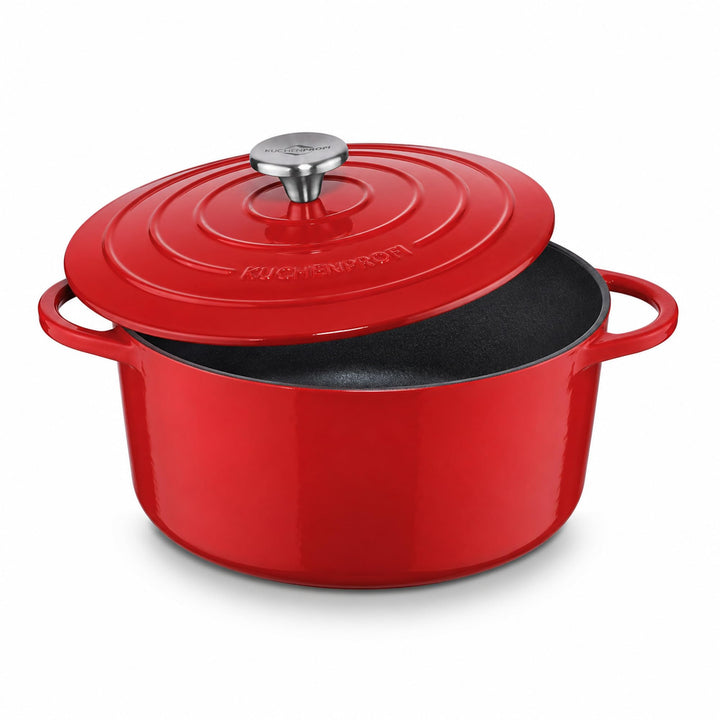 Küchenprofi Gusseisen Bräter mit Deckel, rot/innen schwarz , 26 cm, Schmortopf, Auflaufform, Dutch O