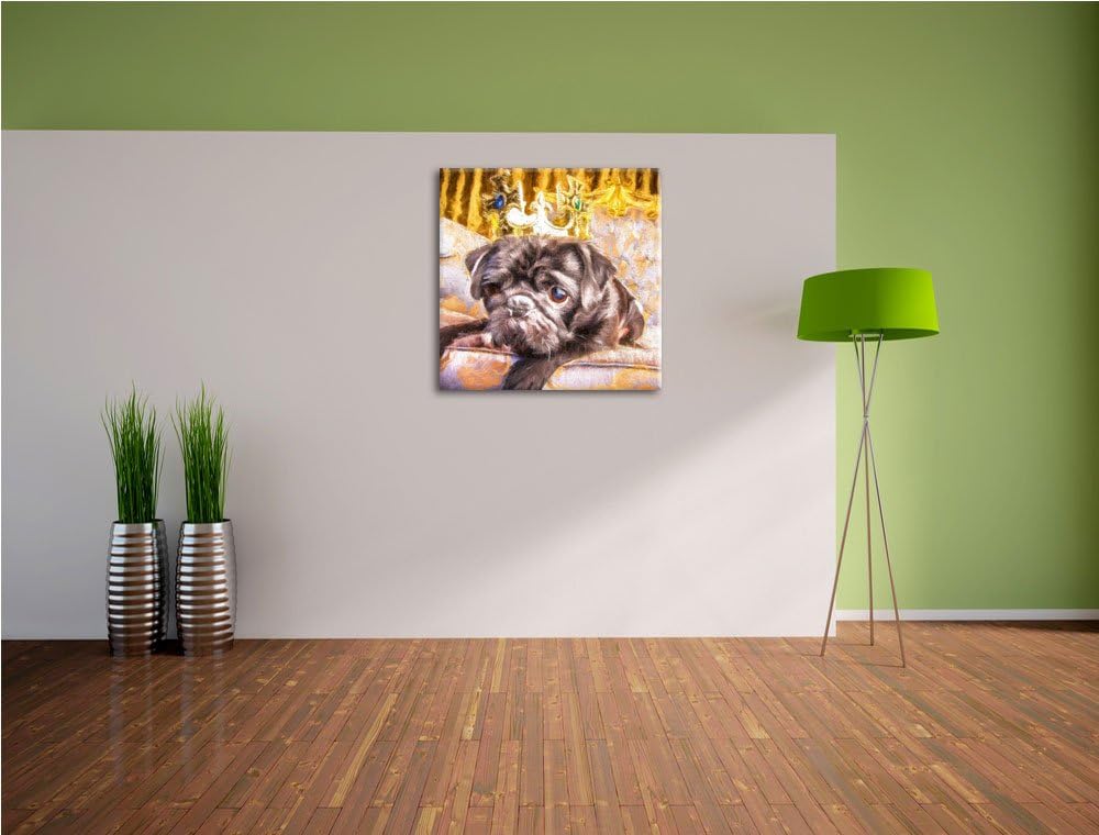 Mops mit Krone auf Thron, Format: 70x70 auf Leinwand, XXL riesige Bilder fertig gerahmt mit Keilrahm