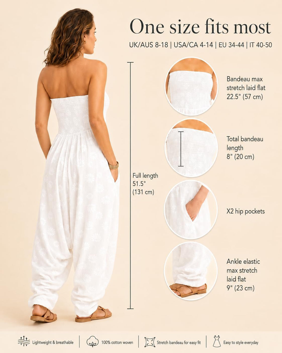 likemary Jumpsuit Damen Sommer – vielseitig tragbarer Einteiler aus Baumwolle – Haremshose mit flies
