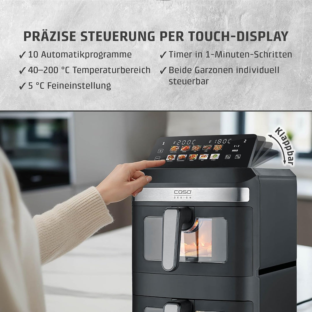 CASO AirFry Duo Tower, Doppel-Heissluftfritteuse, AirFryer, 12,4L (2x 6,2 L) vertikal, individuell e