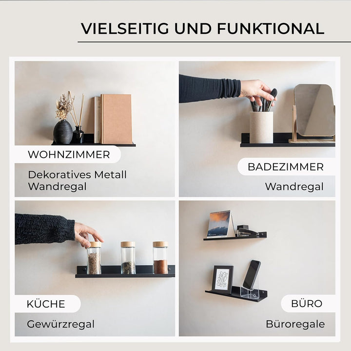 MILUKA Wandregal Schwarz aus Metall | 2er Set Schweberegale Schwarz 35 cm | Badezimmer Regal Wand |