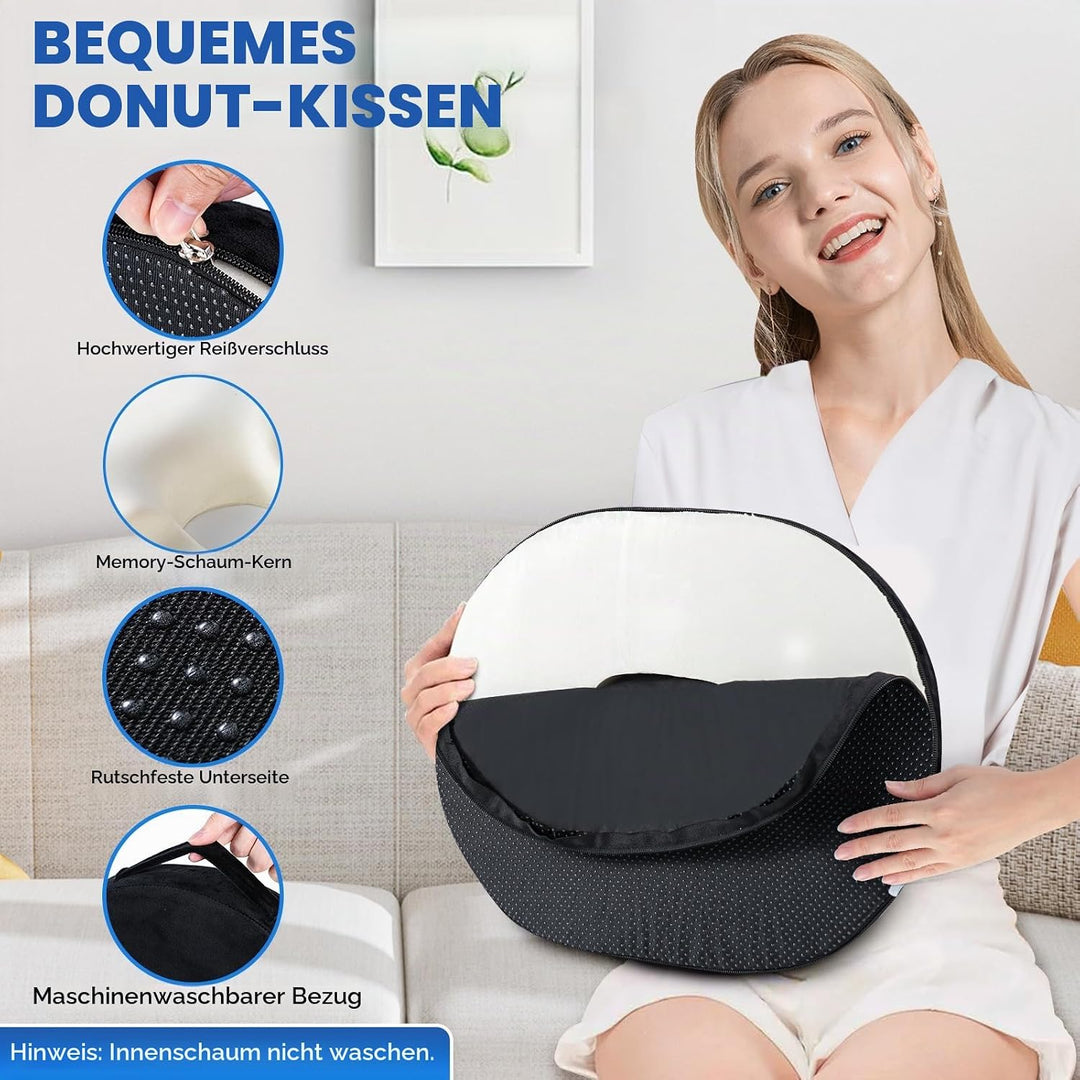 Donut Sitzkissen aus Memory Foam – Ergonomisches Ringkissen für Büro, Auto &amp; Homeoffice – Druckentla