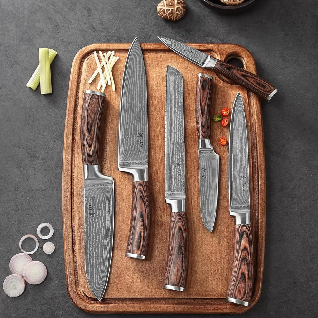 Wakoli 6er Damastmesser Profi Set Edib Serie mit Geschenkox inkl. magnetischem Messerblock aus Akazi
