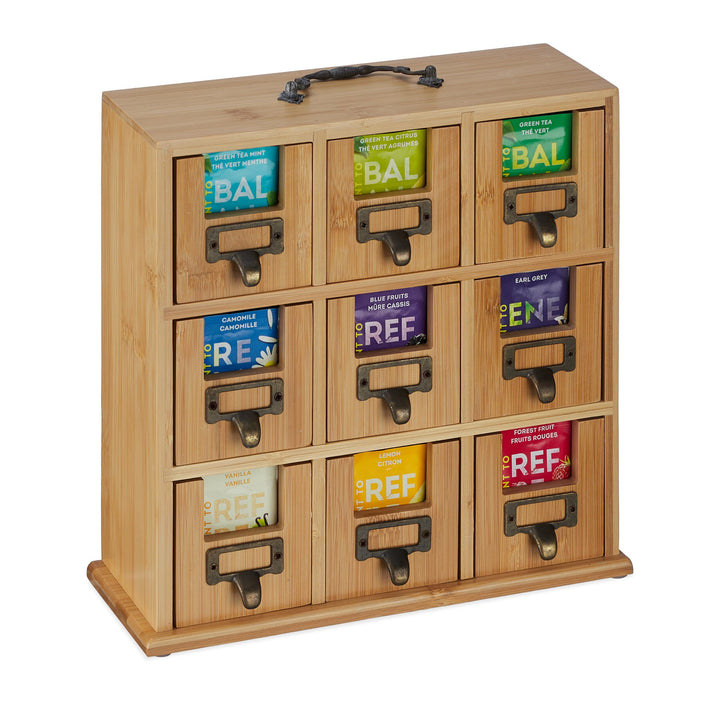 Relaxdays Tee Organizer, 9 Fächer, Bambus, HxBxT: 29 x 30 x 11,5 cm, zum Hinstellen o. Aufhängen, Te