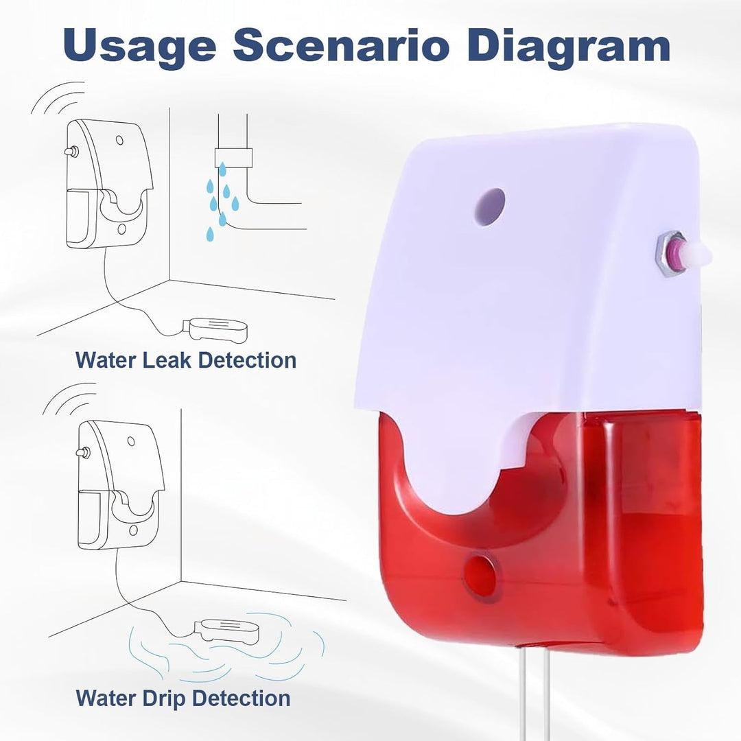 Wasser-Leck-Detektor mit 2 Sonden (5m, bis 50m verlängerbar) - 120 dB Alarm mit Stroboskoplicht & La