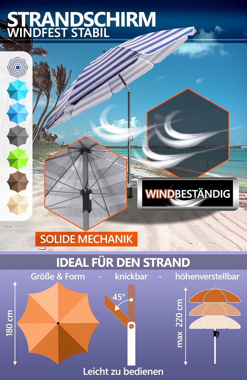 4smile Sonnenschirm Strand SunnyJoy Ø 180 cm, 3-IN-1 Set - UPF 50+ Strandschirm + Sonnenschirm Schut