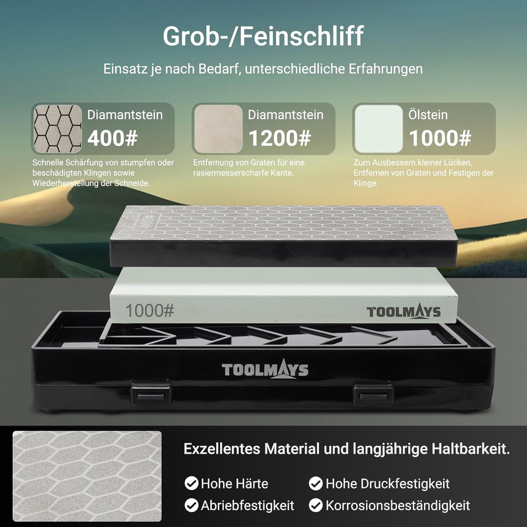 Diamant-Schleifstein Doppelseitig 400/1200# mit 1000# Messerschärfstein,Winkelführung und Aufbewahru