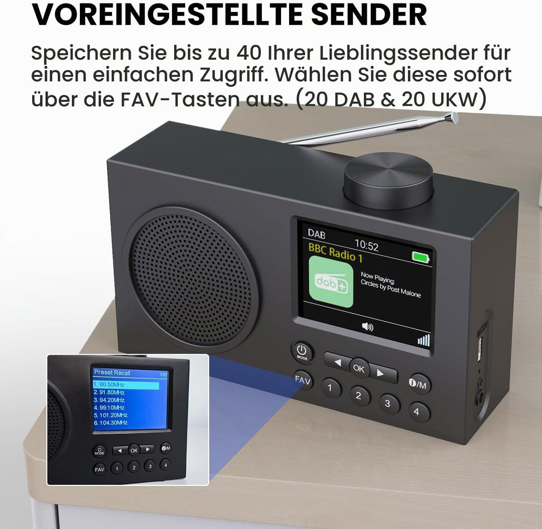 DAB Radio mit Bluetooth, DAB Plus Radio mit 3" Grosses TFT Display, Rechargeable Dab+ Radio Klein, K